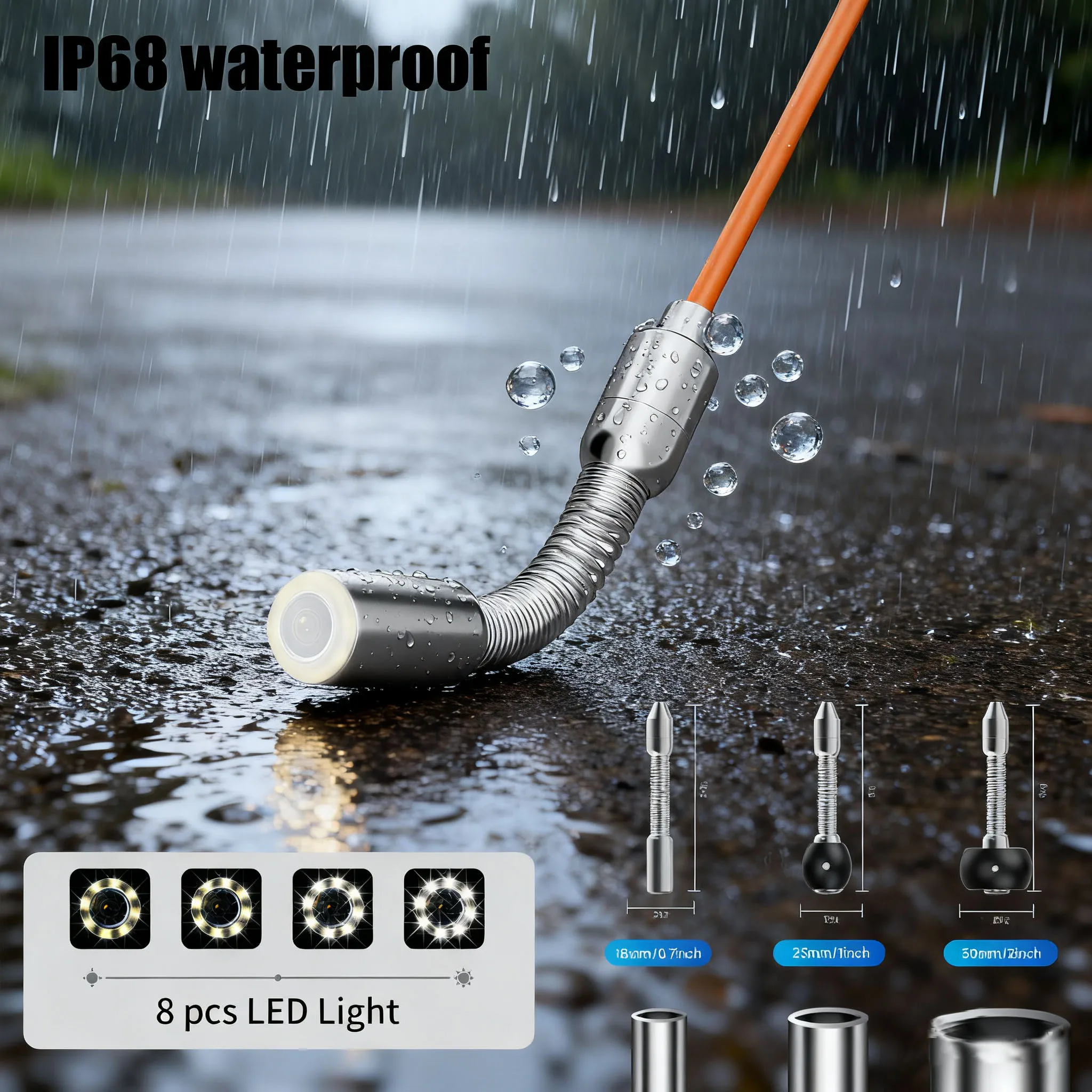 7인치 IPS HD 하수관 카메라 (DVR 포함), 0~20배 줌, 16GB TF 카드, IP68 방수, 5mm 20-50M 케이블 (6~8시간 검사 가능)