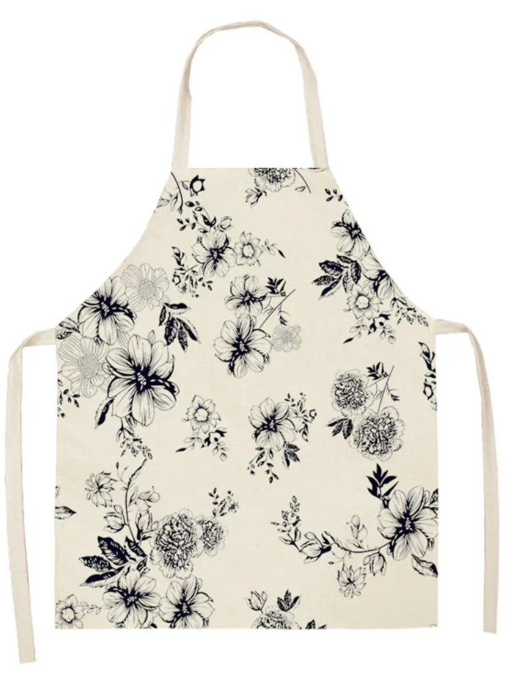 Simple Floral Print Pattern Linen Hand Wipe Sleeveless Waist Apron Adult Home Decoration Apron Kitchen Cleaning Coffee Delantal