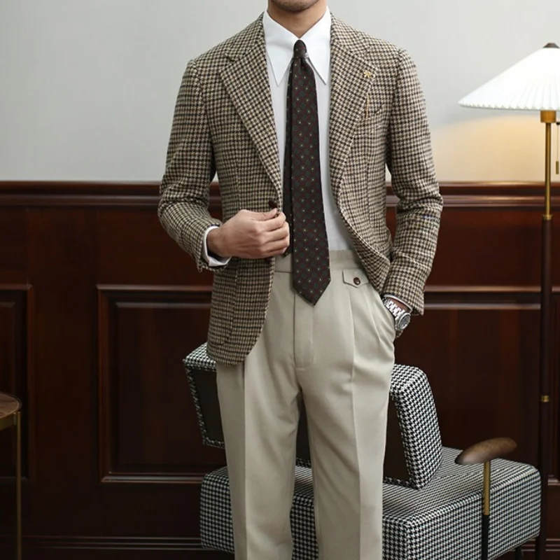 

Мужской костюм в ретро-итальянском стиле с узором «гусиная лапка», однобортный, приталенный, осенне-зимний, для охоты