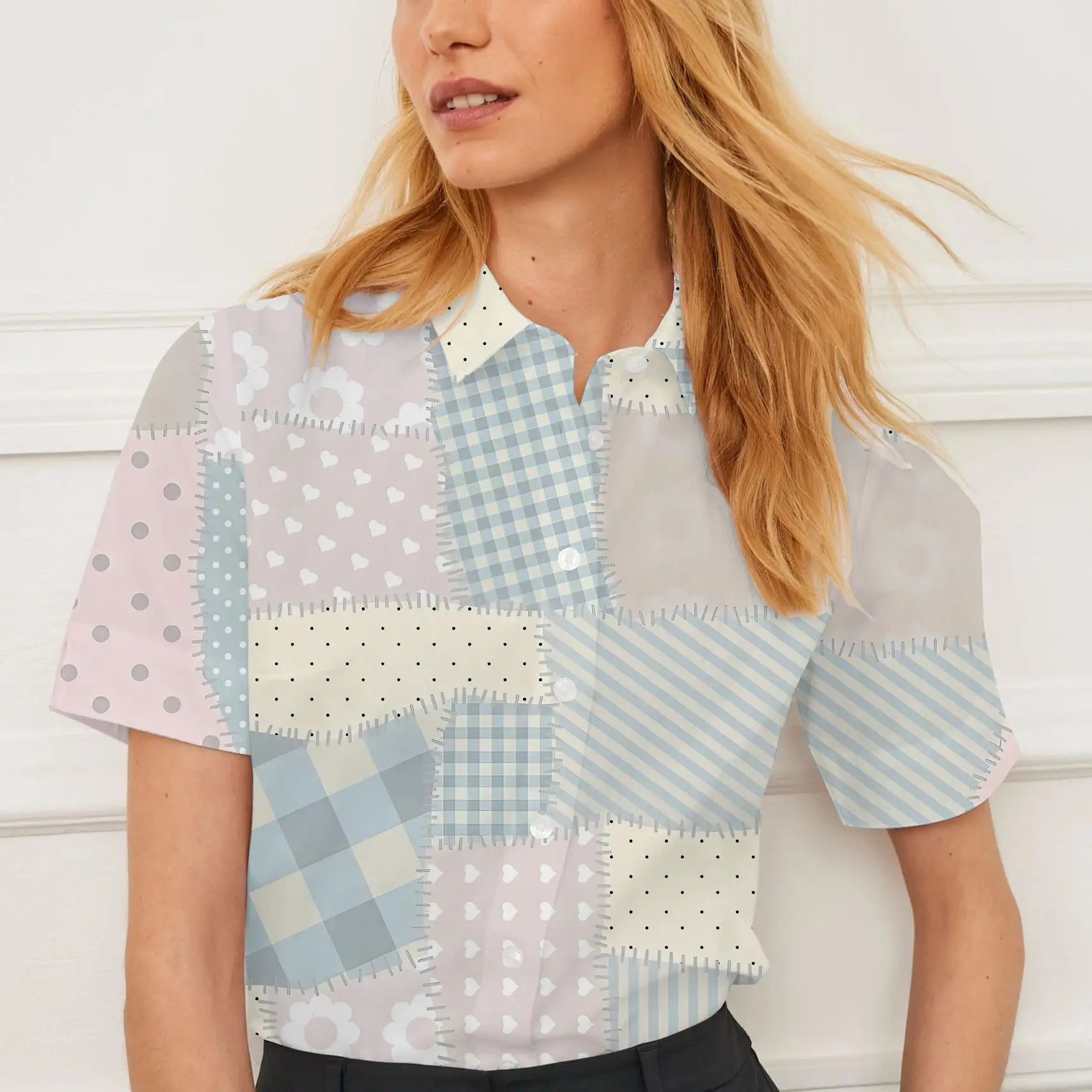 

Short-sleeved summer shirt with lapel for women patchwork pattern design women's tops fashion casual breathable daily personalit