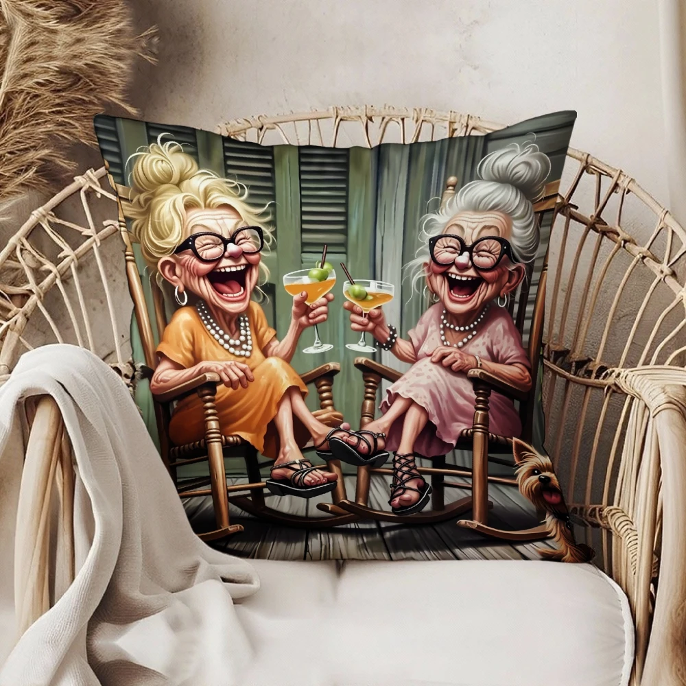 Rectangular Throw Pillow Case Multicolor Funny Cartoon Two Old Ladies Drinking Cocktails On Rocking Chairs Decor For Living Room