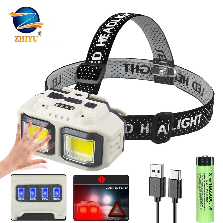 Super Bright COB Headlamps Red and White Dual Light Source Headlight Outdoor Camping Headtorch Use 18560 Rechargeable Battery