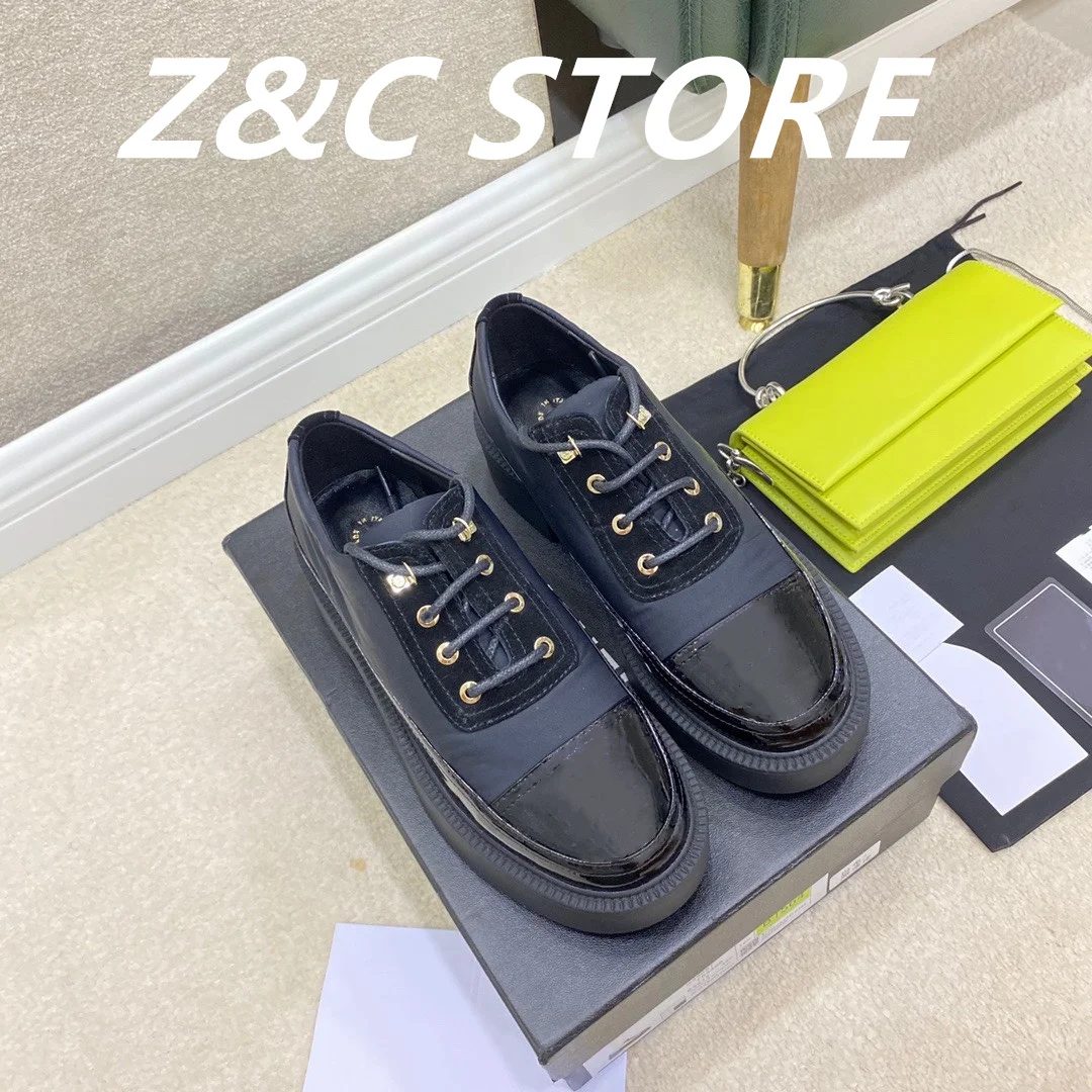 Small perfume style colour blocking leather thick bottom shoes women's lace-up cowhide small leather shoes thick heeled Loafers