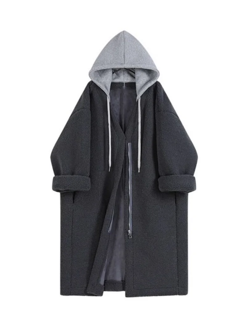 

2025 Winter Plush Trench Coat Lazy Style Fashion Detachable Hooded Medium Length Oversized Straight Windbreaker Overcoat w1361