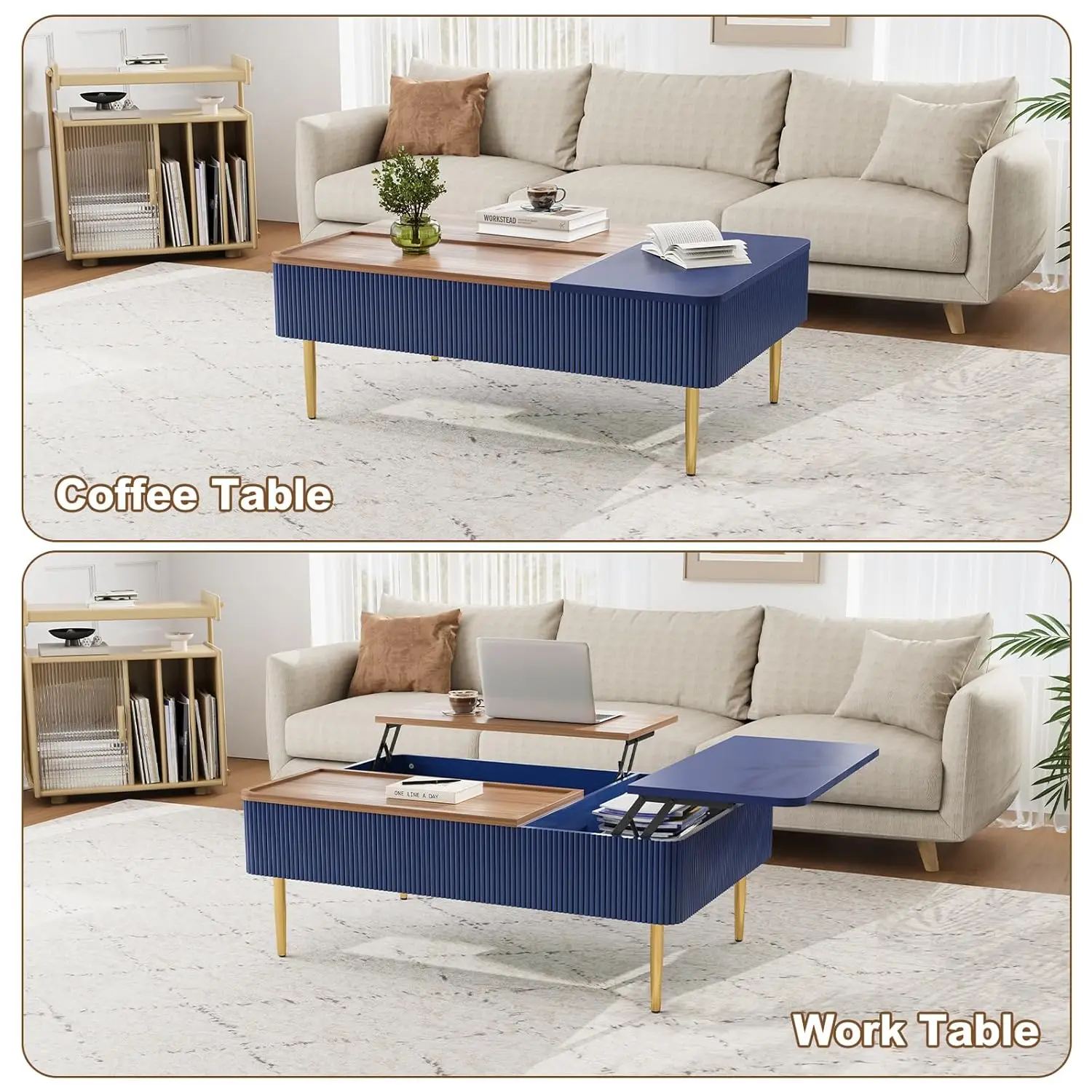 47" Dual Lift Top Coffee Table With Storage, Modern Wood Fluted Coffee Table With Hidden Compartment,Lift Tabletop Dining Center