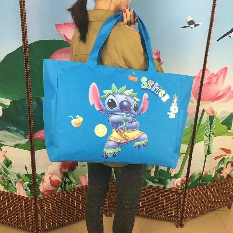 New 2024 Disney Stitch Extra Large Portable Shopping Bag Spliced Waterproof Foldable Cartoon Canvas Travel Mommy Bag Handbag