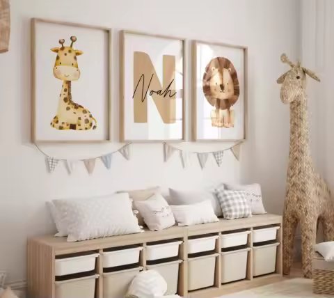 3pcs/set Custom Safari Animal Nursery Canvas Prints Baby Names Initials Lion Giraffe Wall Art Posters for Modern Home Decor