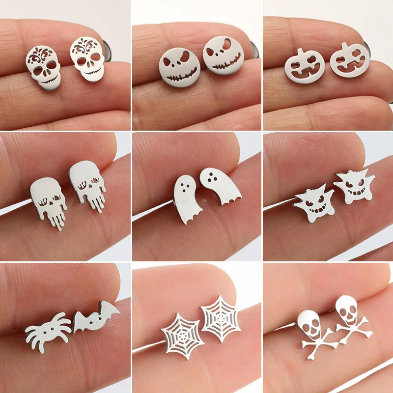 Punk Pirate Skull Earrings for Women HipHop Black Ghost Skeleton Bat Stainless Steel Stud Earring Girl Hallowmas Ear JewelryGift