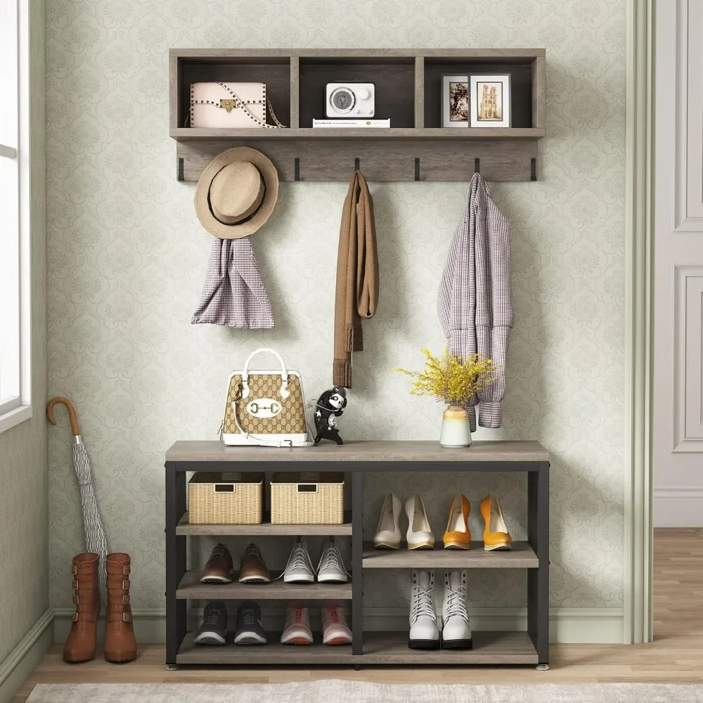 Hat rack shoe stool set, with 3 storage cabinets, 7 entrance hooks, 5-in-1 design, vintage gray