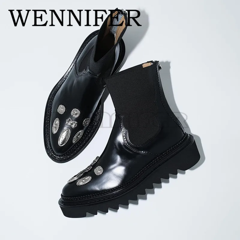 Metal Decoration Cowhide Pull-on Boots Pointed Toe Knitting Chunky Block Heel Knight Boots Ladies Leisure Rock Punk Ankle Botas