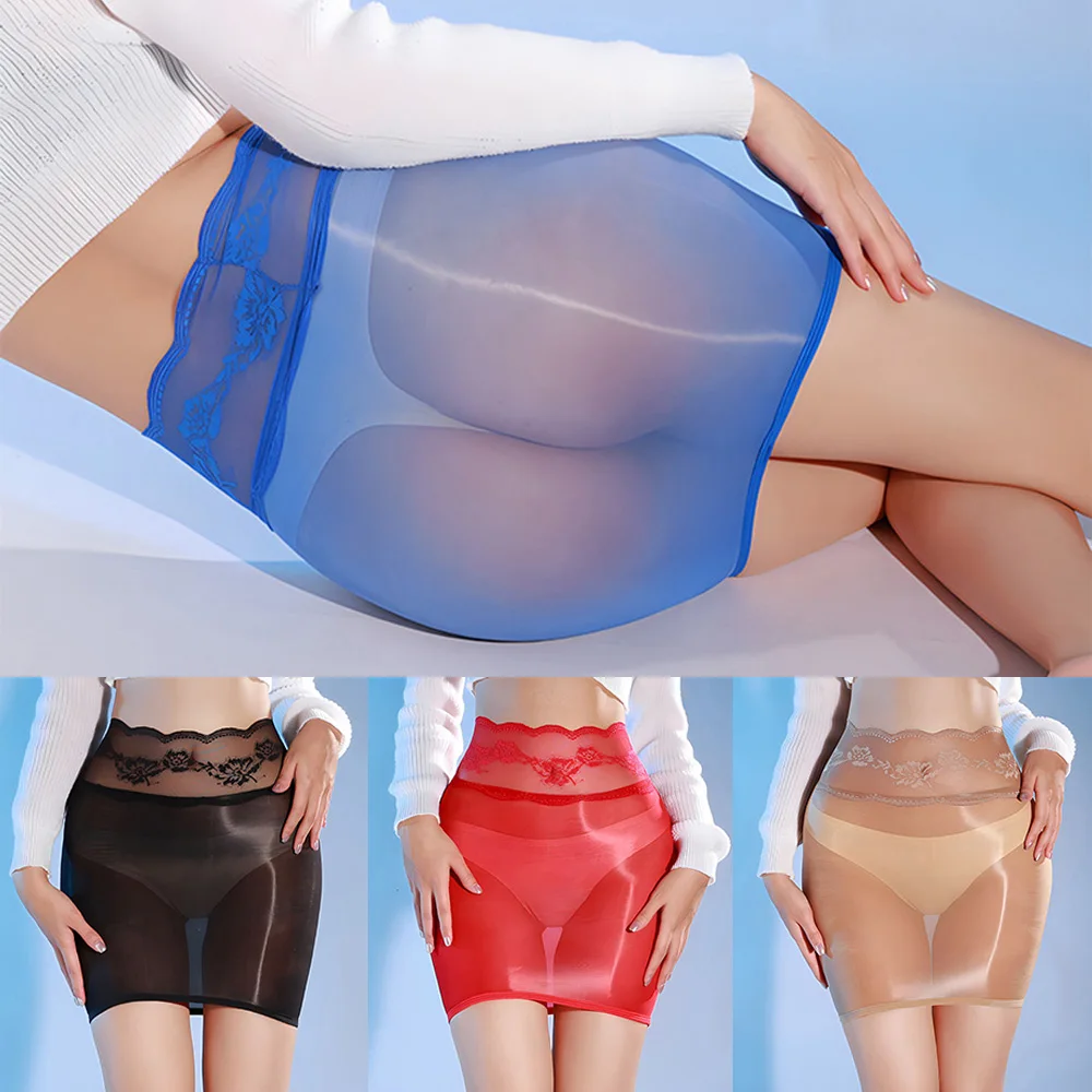 Shiny Glossy Women Pencil Skirt Sexy Oily Mini Skirt Short Dress See Through Sheer Package Hip Skirt Nightwear Lace Trim Thin