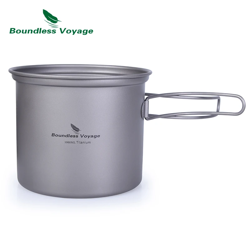 Boundless Voyage Ultralight Titanium Pot Set 1000ml Cooking Pot 500ml Bowl Lightweight Cookware with Folding Handle Pan