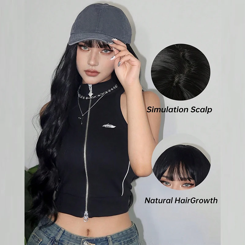 Naturalne czarne kręcone długie faliste peruki syntetyczne z grzywką dla białych kobiet Body Wave Dark Cosplay Lolita Hair Wig Odporne na ciepło