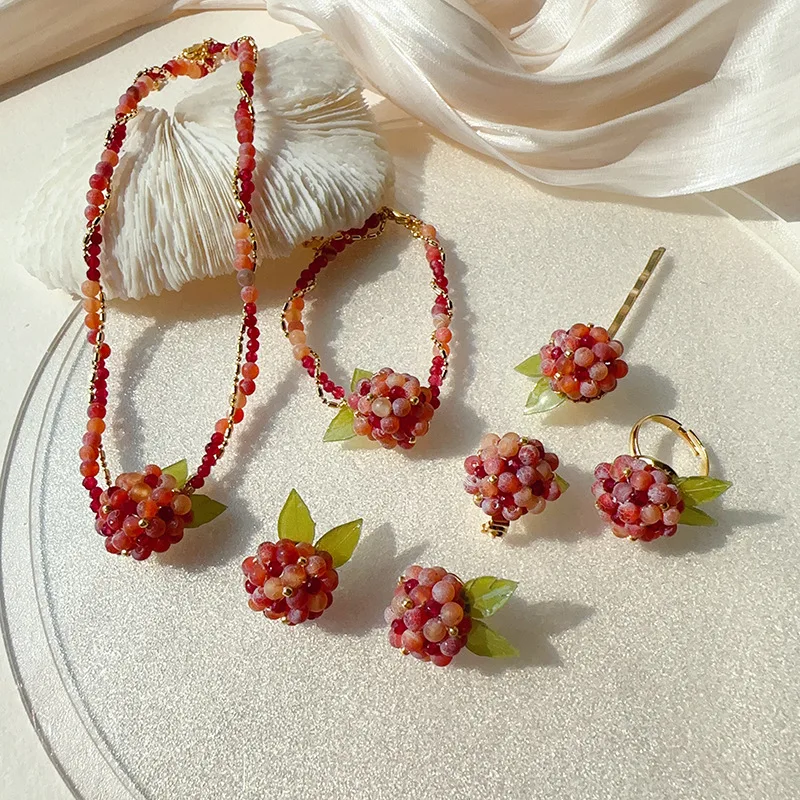 Fruit Series Vintage Red Raspberry Seed Beaded Earrings Necklace Set Handmade 925 Silver Hook Gift
