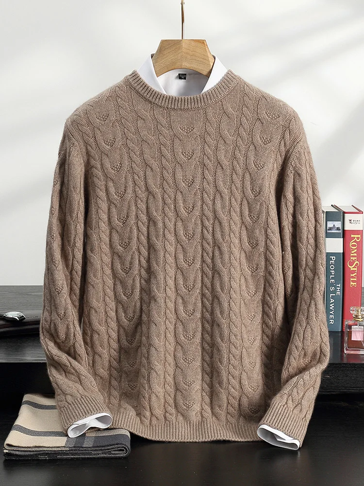 

100% Cashmere Sweater Men's Round Neck Thick Pullover Autumn Winter New Knitted Base Sweater Warm Men's Clothing Long Sleeves