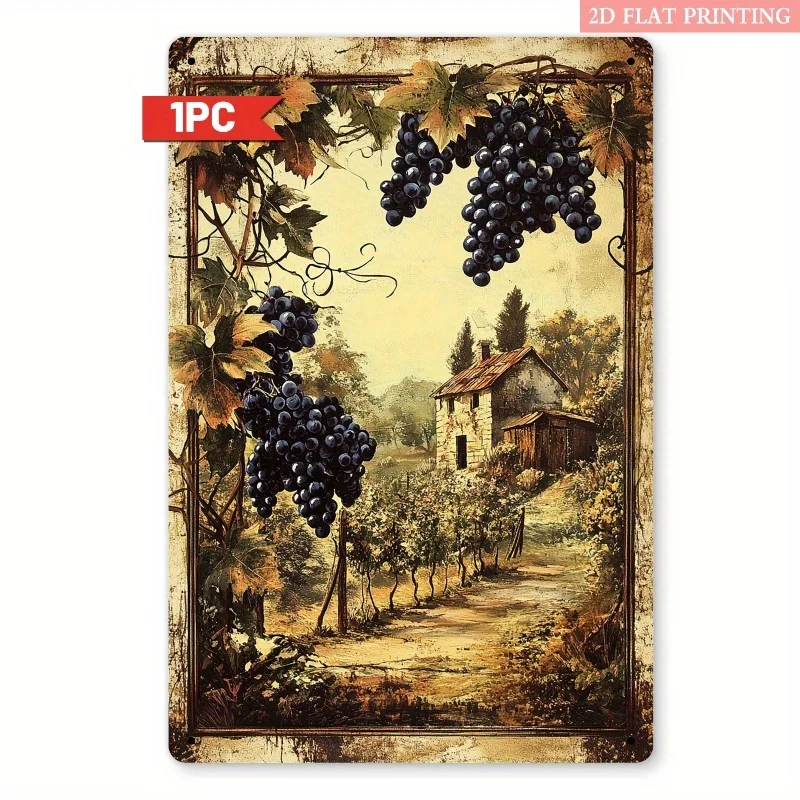 2D Flat, 1pc Rustic Vineyard Metal Wall Decor Sign - 8x12 Inch Iron Vintage Grape Harvest Scene with Vineyard Cottage & Grapes,