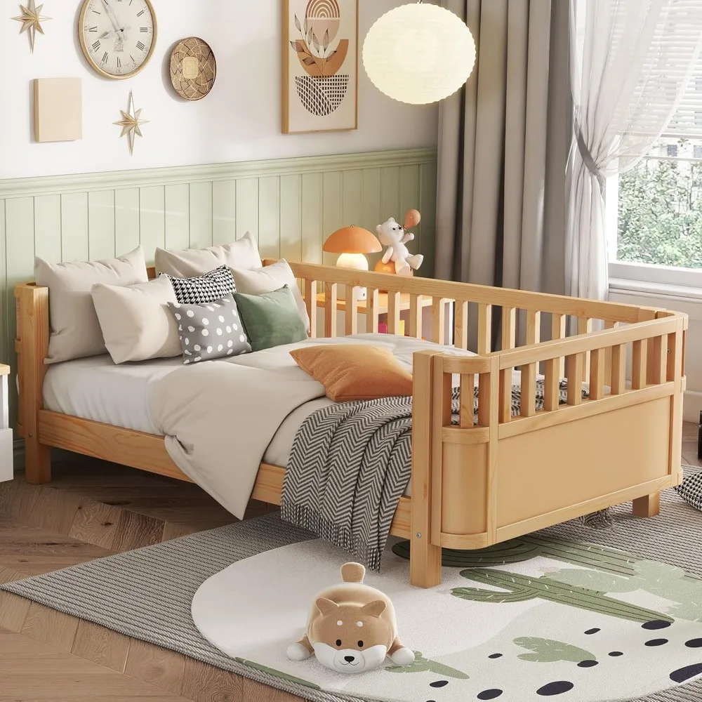 Twin Size Kids Bed Frame, Low Profile Montessori Twin Bed with Rails, Wood Daybed for Girls & Boys, No Spring Box Required,