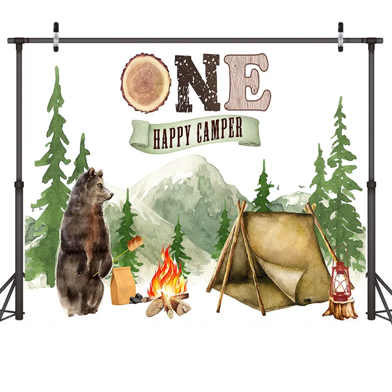 Forest Camping Birthday Backdrops Boy's Adventure 1st Happy Camper Birthday Party Decoration Supplies Tent Campfire Backgrounds