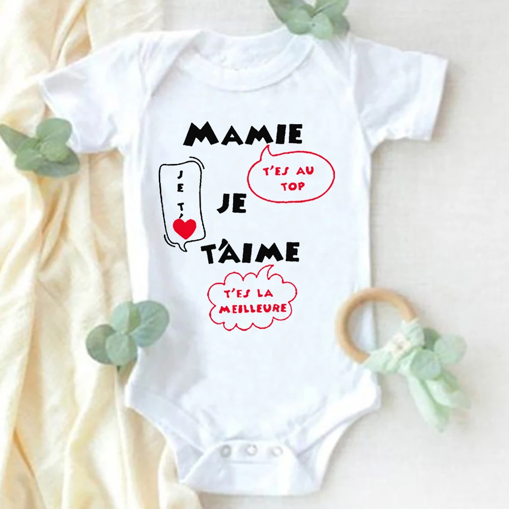 Best Grandma I Love You French Printed Infant Romper Newborn Summer Bodysuit Baby Short Sleeve Jumpsuits Toddler Clothes Outfit