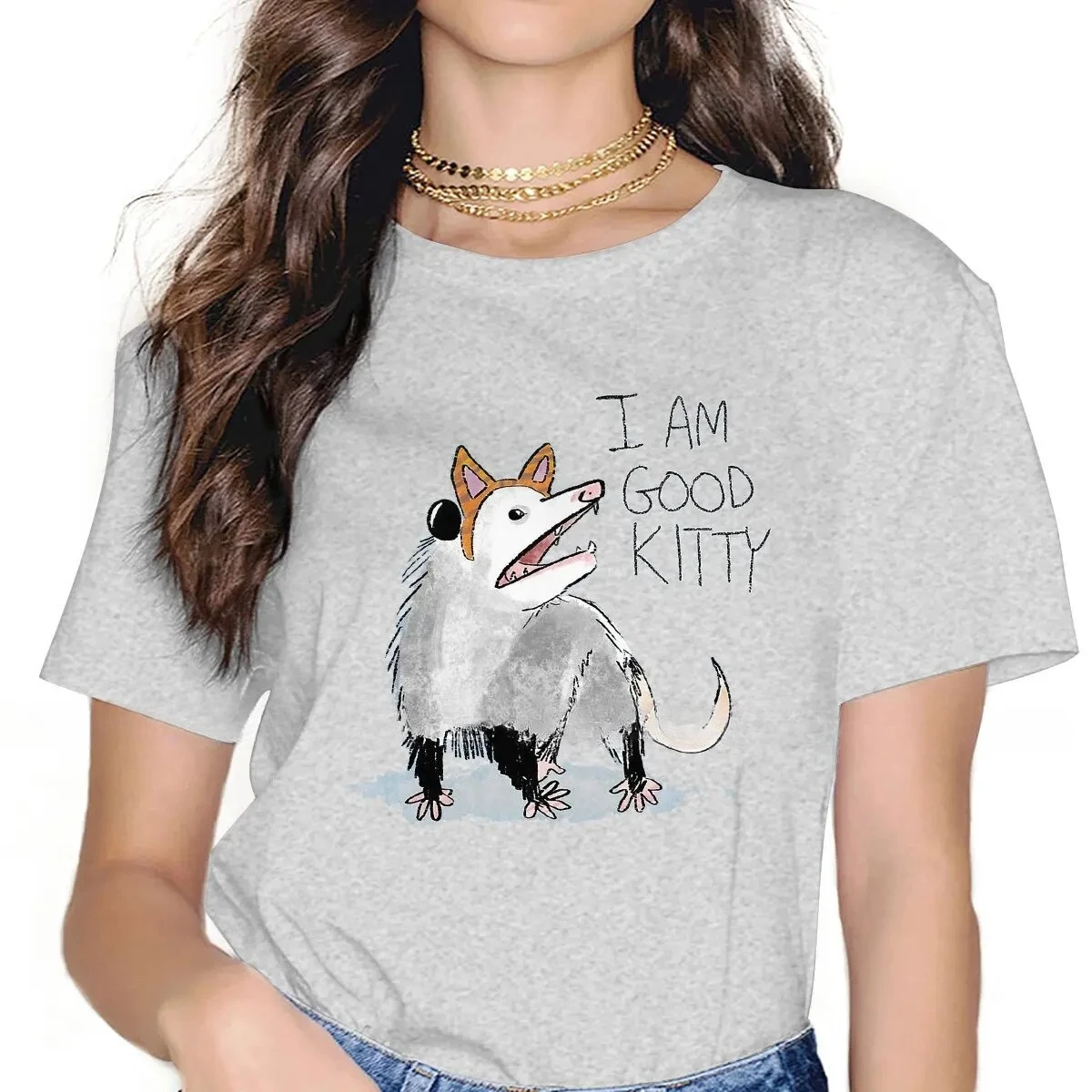 Women's Casual and Unique T-shirt with An I AM GOOD KITTY Design, Classic Style Adorned with Possum Animal Print.Personality Y2K