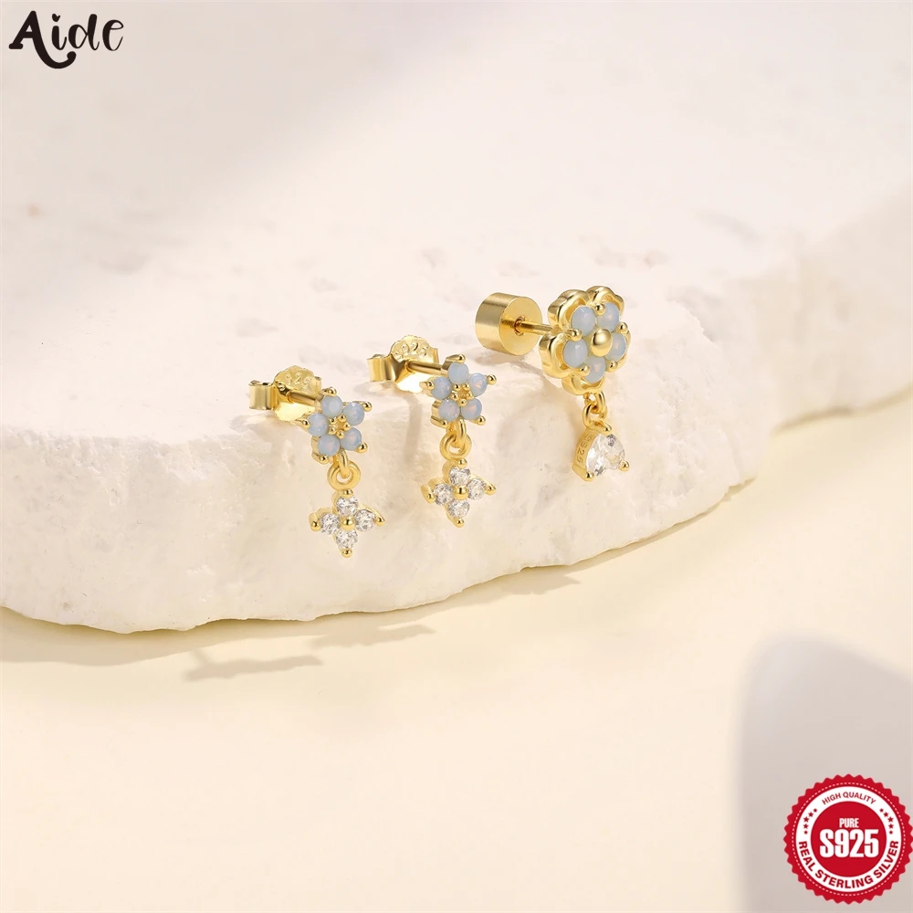 Aide 925 Sterling Silver Cute Opal Zircon Chic Mini Small Stud Earrings Women Fashion Simple Flower Ear Bone Piercing Jewelry