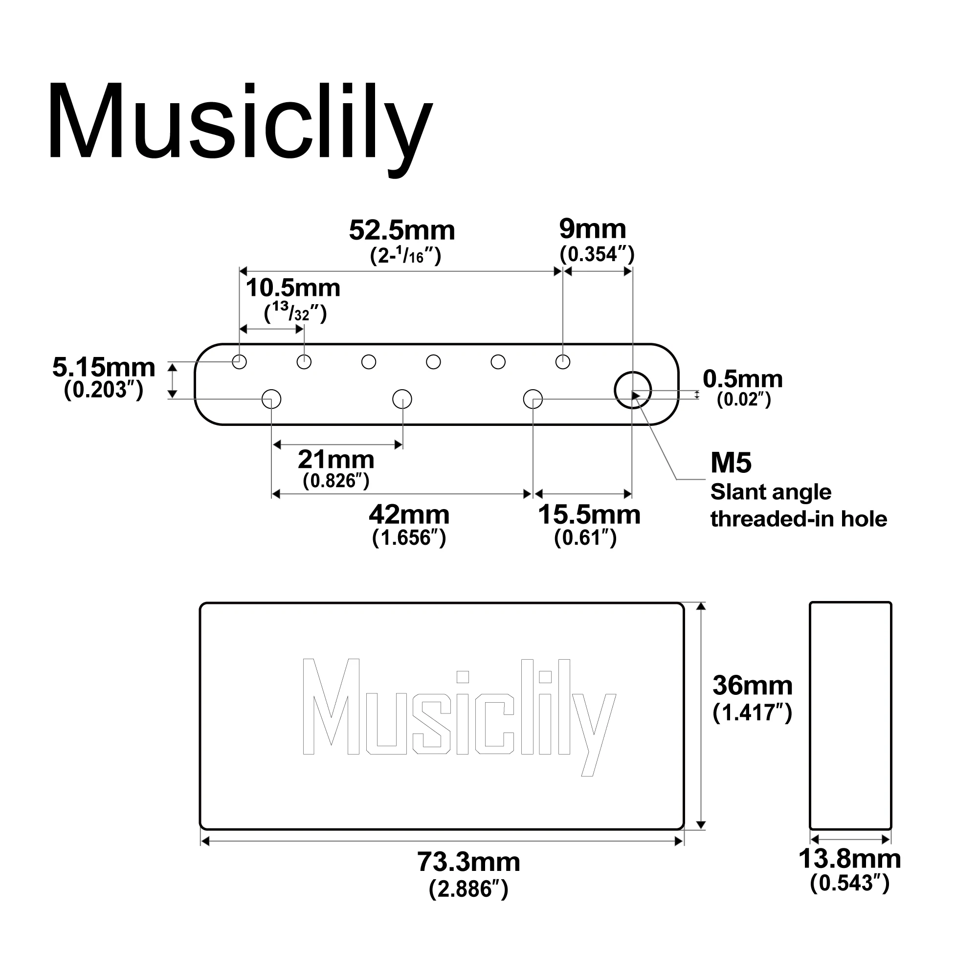 Musiclily Ultra 52.5mm Brass/Steel Short MIM Tremolo Block for China made Squier Pre-2020 Affinity 6-Screw Guitar Bridge, 36mm