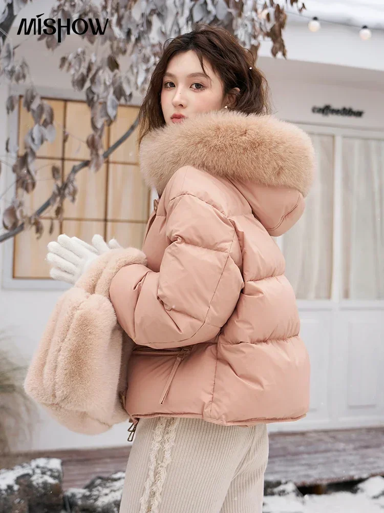 MISHOW Women's Winter Fur Collar Down Jacket 2024 Fashion Loose High Quality Hooded Short Down Coats Zipper Outwear MXC55Y0020