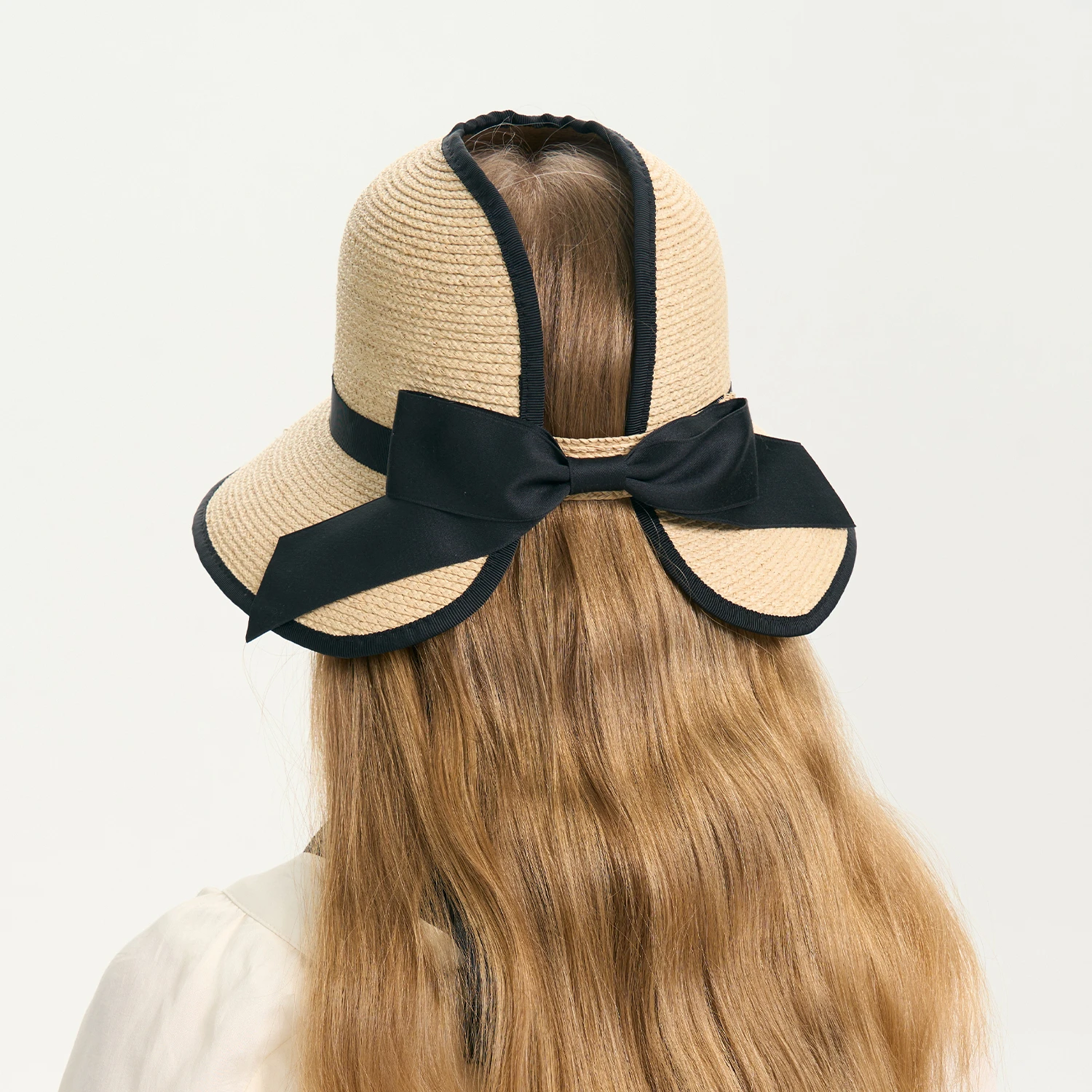 

USPOP Elegant Natural Raffia Straw Hat Summer Hollow Top Breathable Sun Hat Foldable Large Brim Beach Hat with Bow