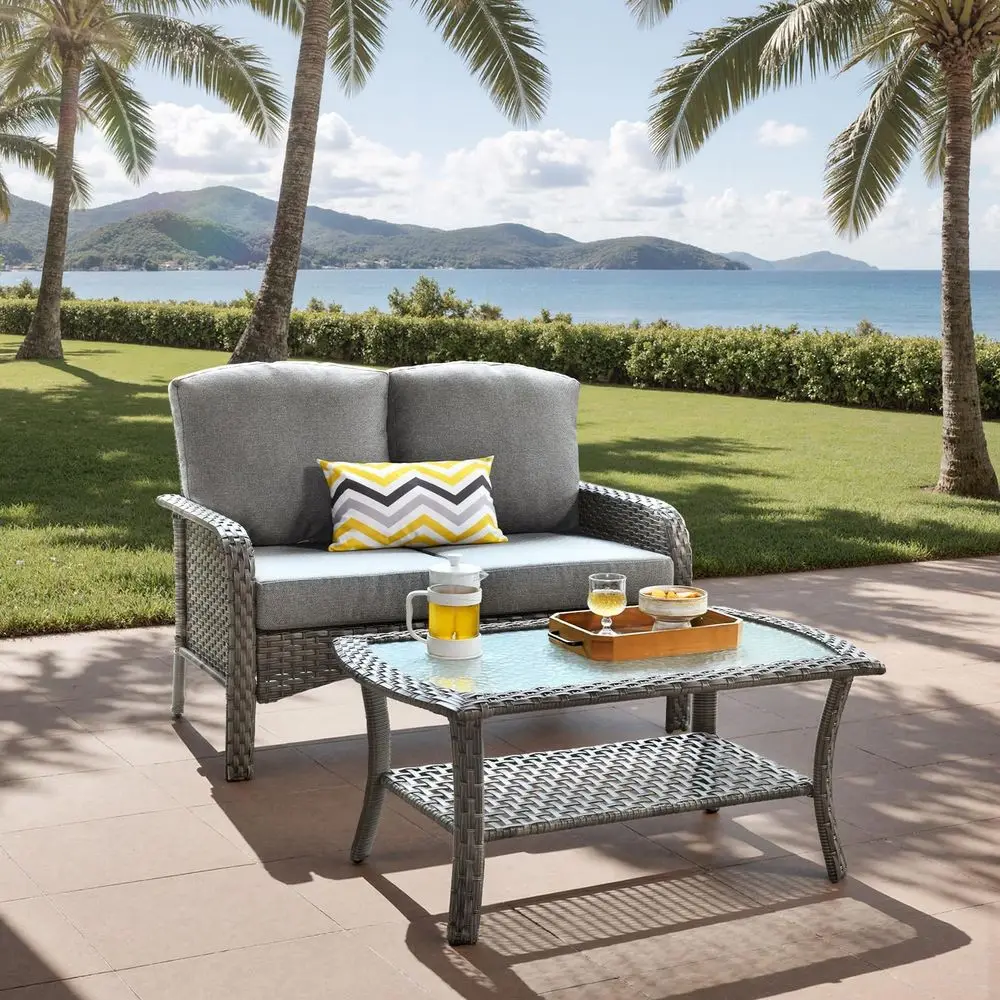 

2-Piece Outdoor Patio Furniture Set with Coffee Table, Wicker Sofa with Cushions, Ideal for Yard or Poolside, Grey