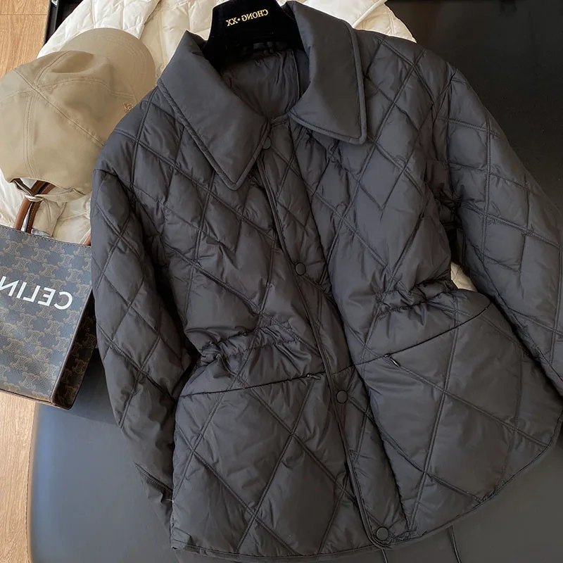 Women's Quilted Puffer Jacket with Turn-Down Collar Waist Drawstring European Style Elegant Adjustable Waist Lightweight Outwear