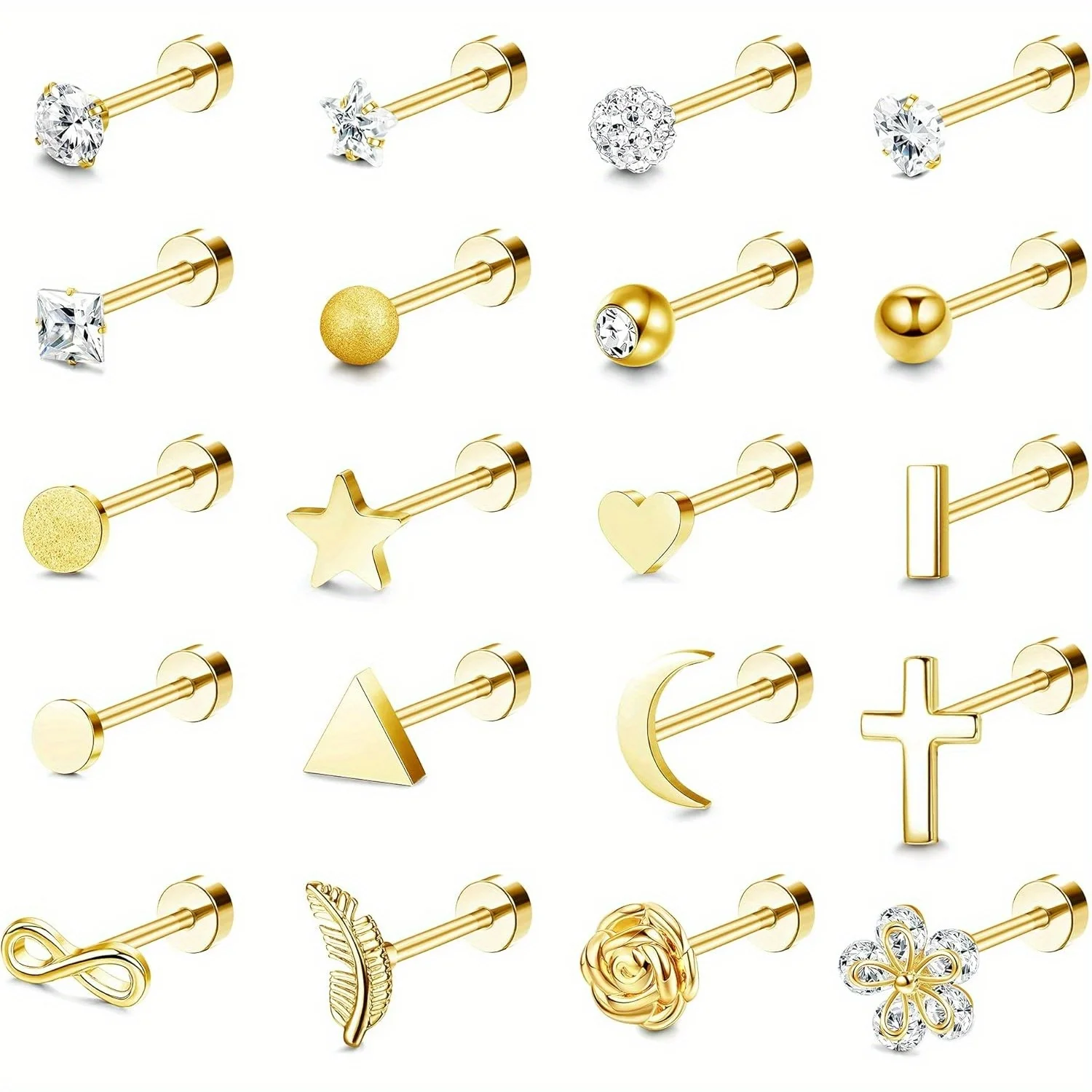 

Florideco 20Pcs 316L Stainless Steel Cartilage Stud Earrings for Women Screw Back Tragus Helix Earrings Piercing Jewelry Set