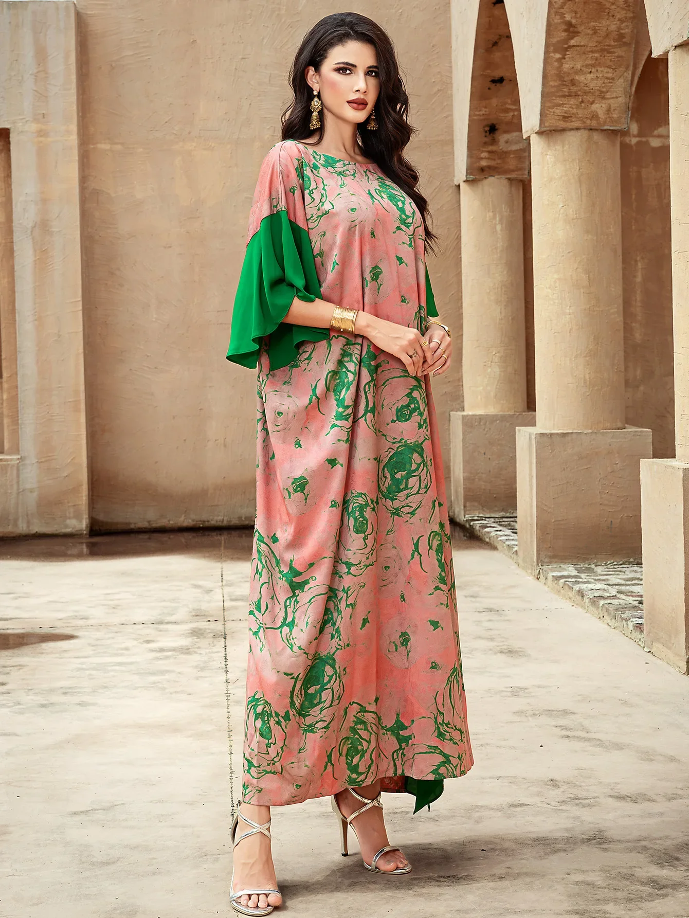 ラマダン ムスリム女性 プリントドレス アバヤ ドバイ カフタン フリル ケバヤ カフタン マロカン 女性用ローブ イスラム ジャラビーヤ イード ジェラバ ガウン