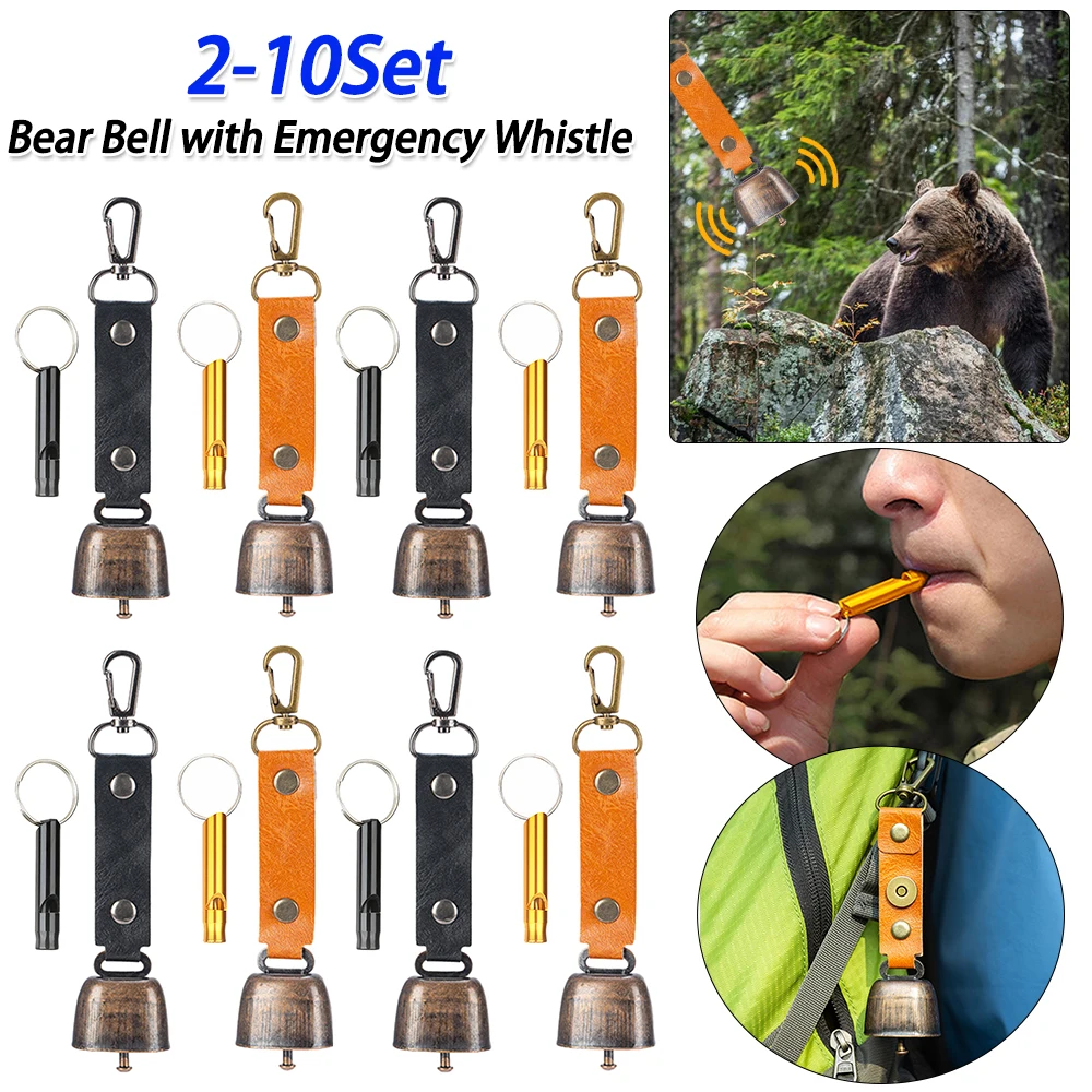 2-10Set Loud Bear Bell with Whistle Set with Magnetic Silencer Hanging Bear Bell for Outdoor Camping Survival Hiking Climbing