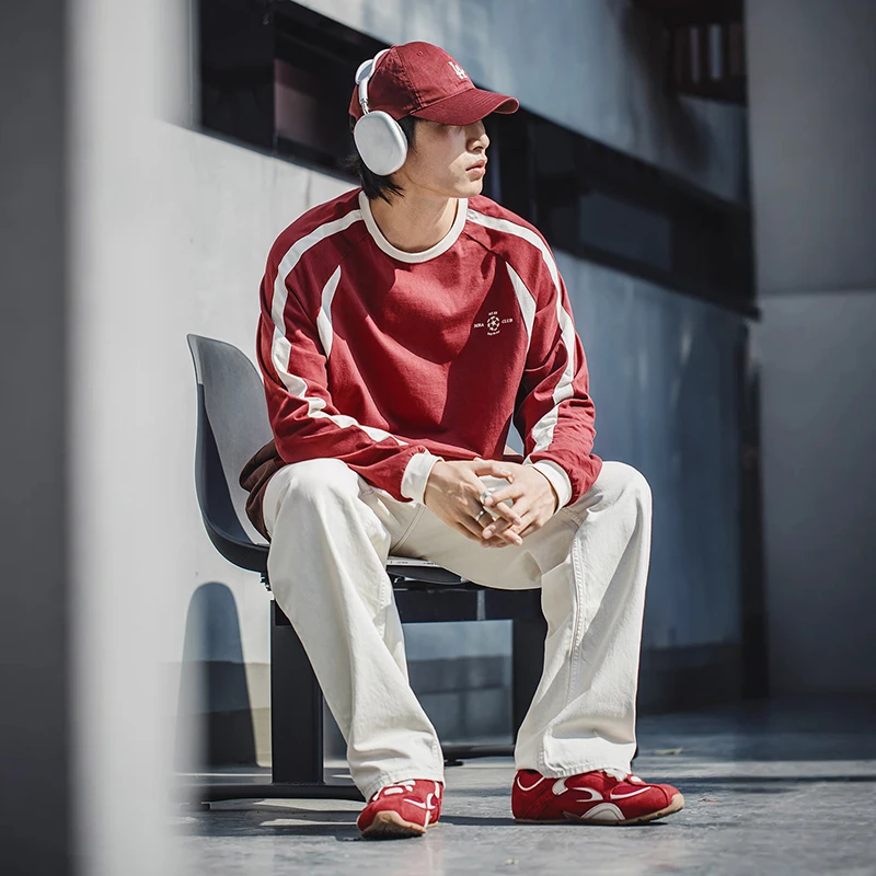 MRA Men's Retro Burgundy Jersey, Pure Cotton Long-Sleeve T-Shirt, Raglan Sporty Print Men's Pullover view 6