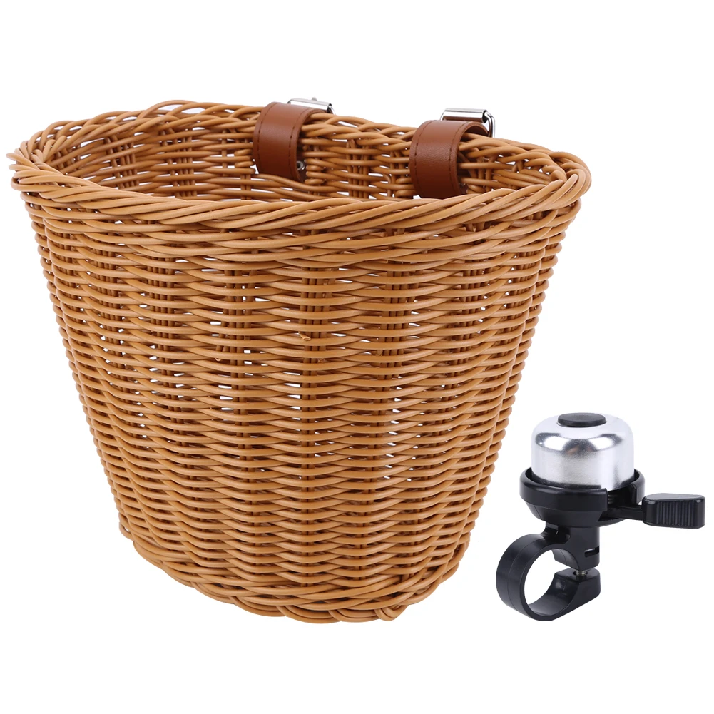 

Braided Bicycle Basket with Leather Straps Removable Imitation Rattan Bicycle Basket Bicycle Bell Bicycle Storage Pannier Bell