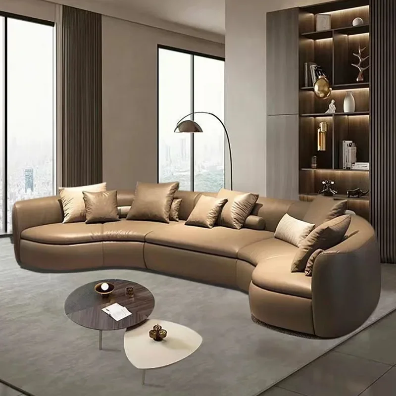 Nordic curved leather sofa first layer cowhide Italian light luxury luxury villa living room modern