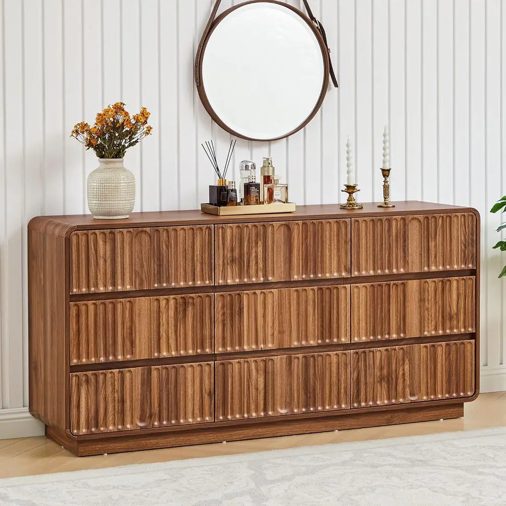 60 Wide Bedroom Chest of Drawers, Storage Dressers, Curved Wood Dressers, Living Room TV Stand (Walnut Finish)