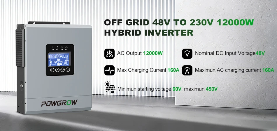POWGROW Off-Grid Reiner Sinus-Wechselrichter 12KW 6.5KW 5KW 3.6KW Dual-Ausgang MPPT 220V 24V 48V Max. PV-Eingang 500V Solarladegerät 160A mit BMS – Detail 2