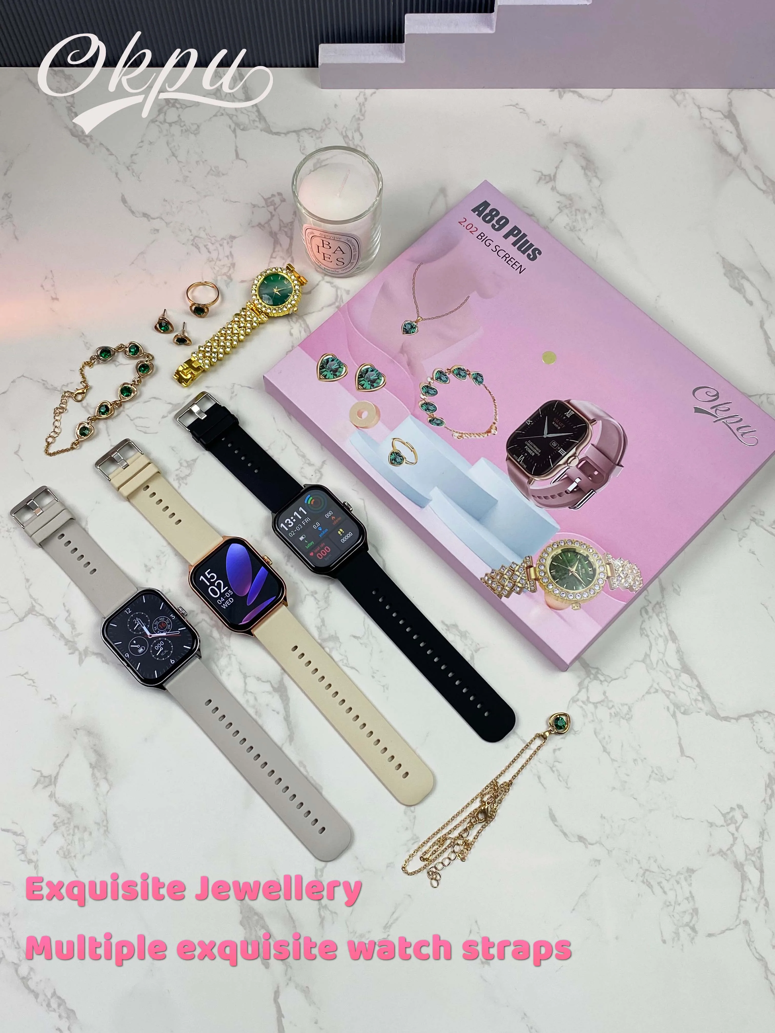 Luxury A89plus Smart watch for female 2024 Necklace Earrings Bracelet Ring A58 a68 a89 plus combo Smartwatch For ladies