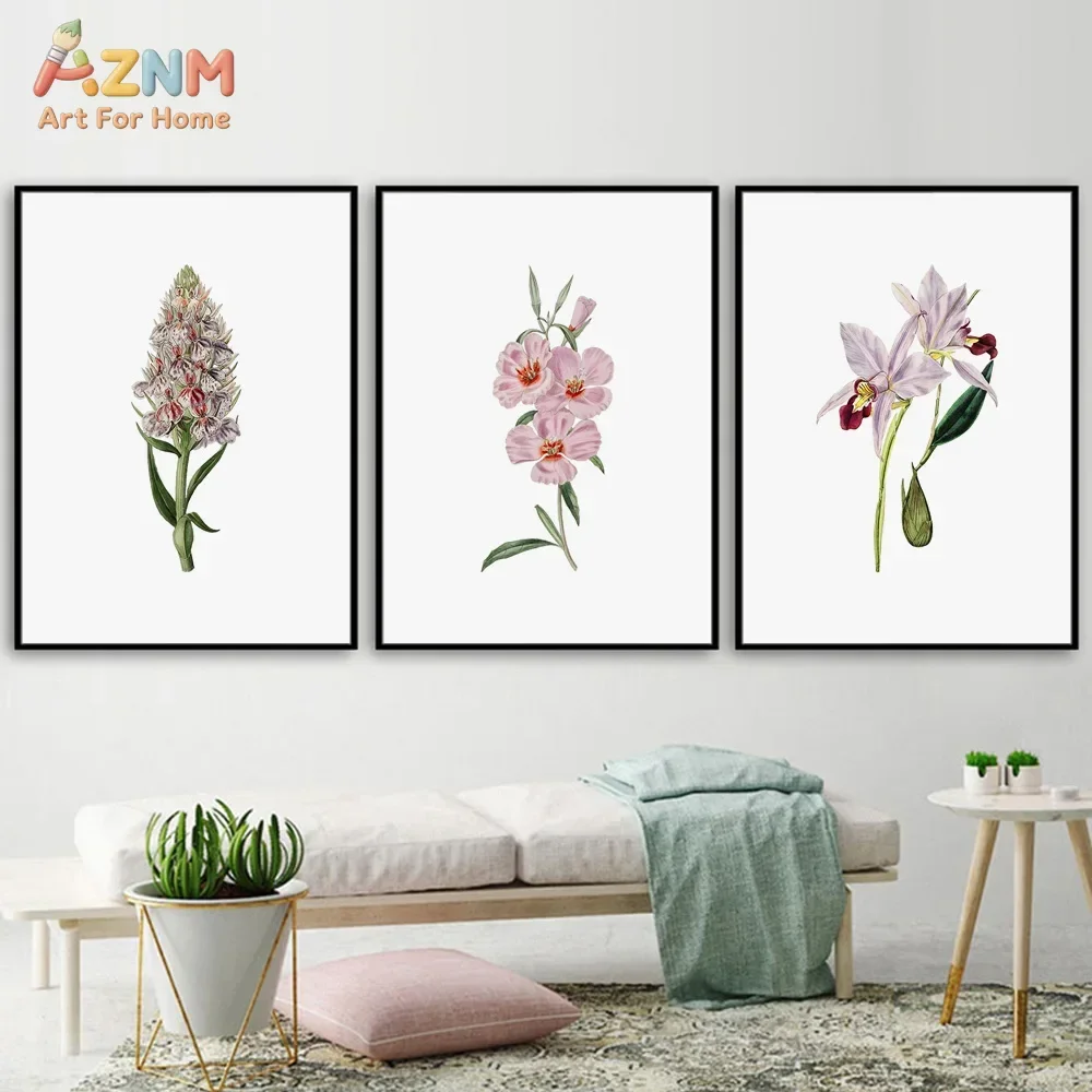 AZNM Unframed Canvas Print Vintage Botanical Orchid Wall Art Pink Floral Minimalist Home Decor Poster
