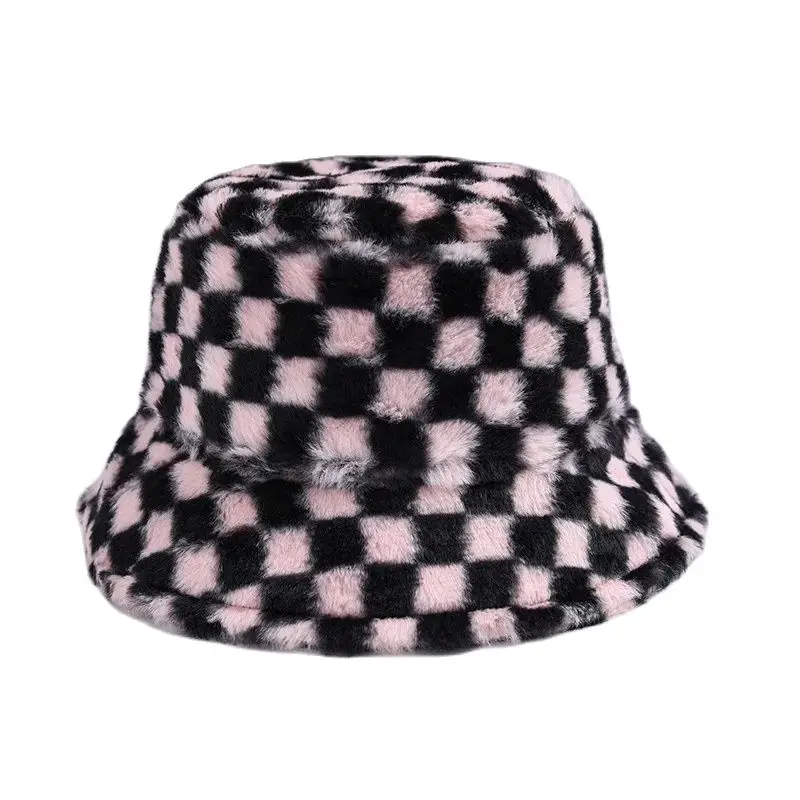 Ins Checkerboard Hat Women's Autumn and Winter Korean Version Plush Pink Bucket Hat Student Cute Warm Plaid Chess Basin Hat