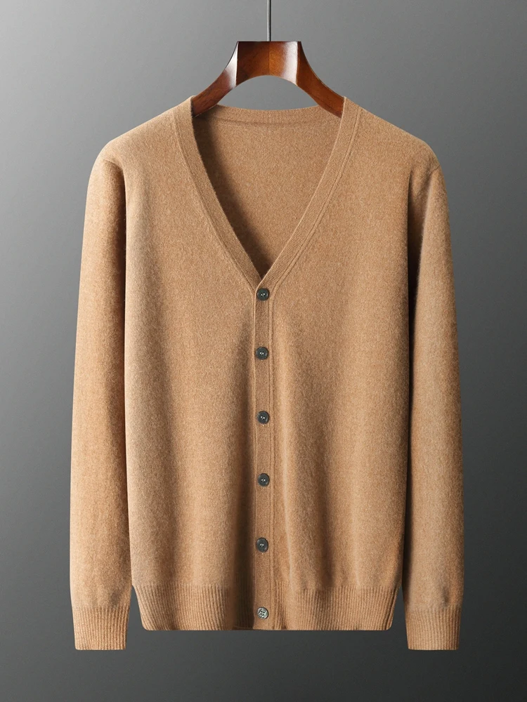 

TLOML New Men's 100% Cashmere Sweater V-neck Buttons Cardigan Classical Smart Casual Cashmere Knitwear Autumn Winter Comfy Tops