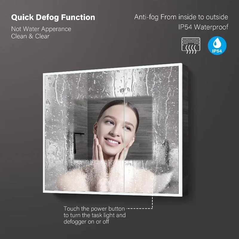 Hot Selling Defogger Touch Switch Waterproof Bathroom Cabinet with LED Mirror in Stock in the United States