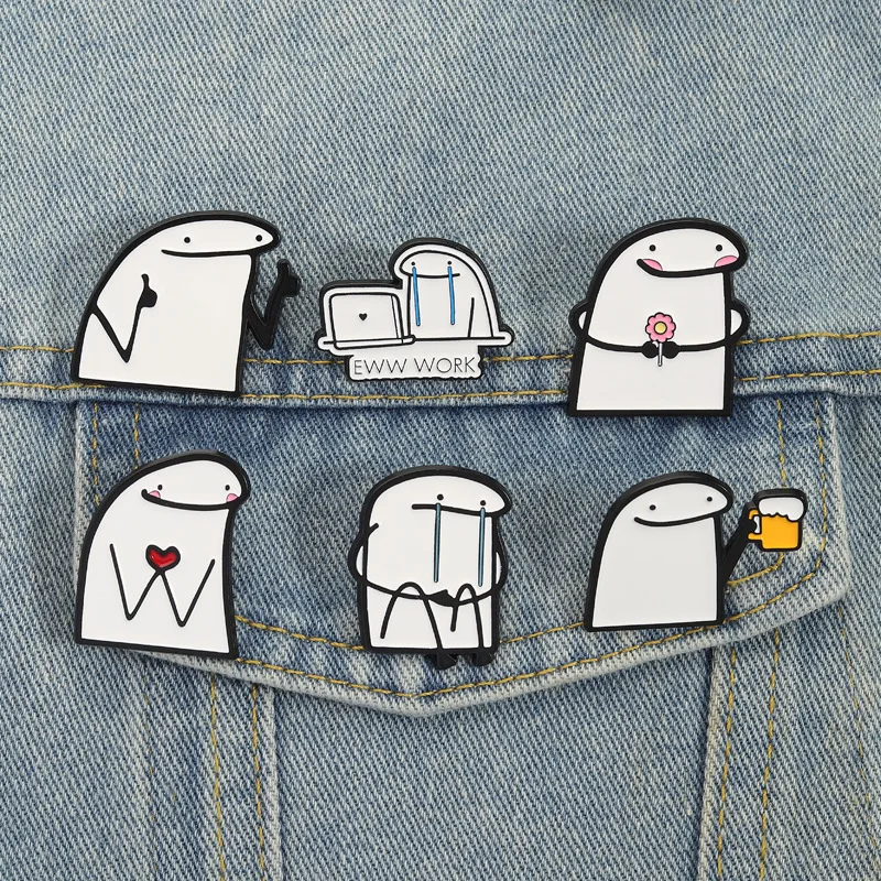 Cute Simple Line Person Enamel Brooch Crying Touching Flower Praise Sunglasses Computer Cat Beer Heart Funny Metal Badge Jewelry