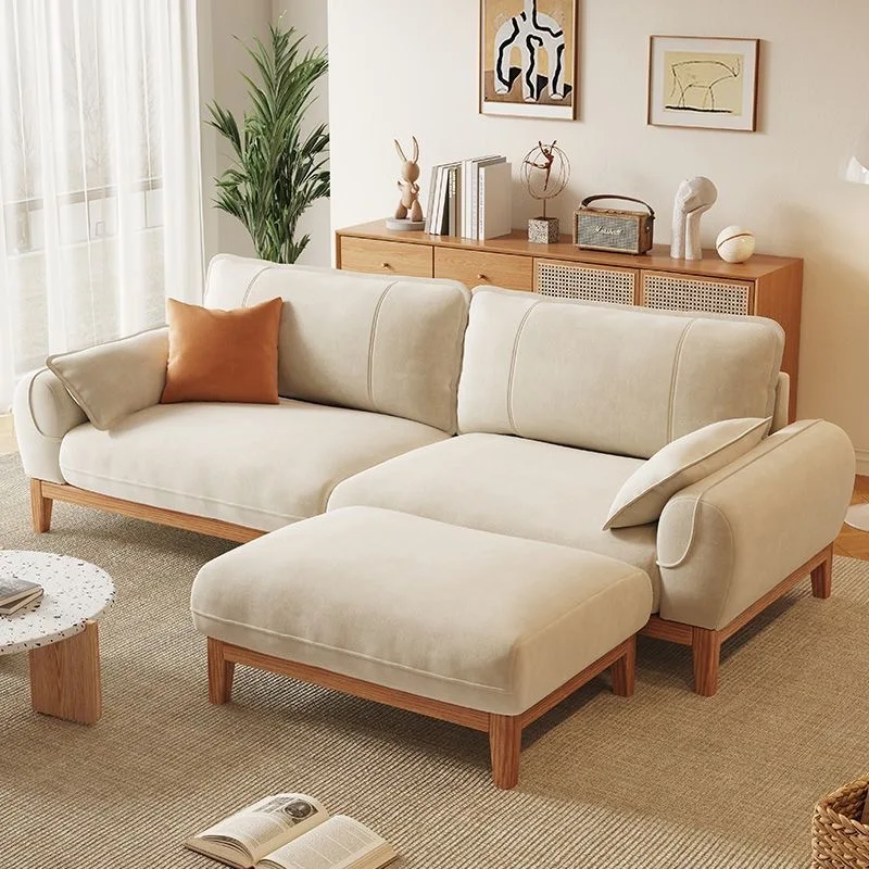 Oak cloud sofa straight row three-person small rental house with fabric solid wood