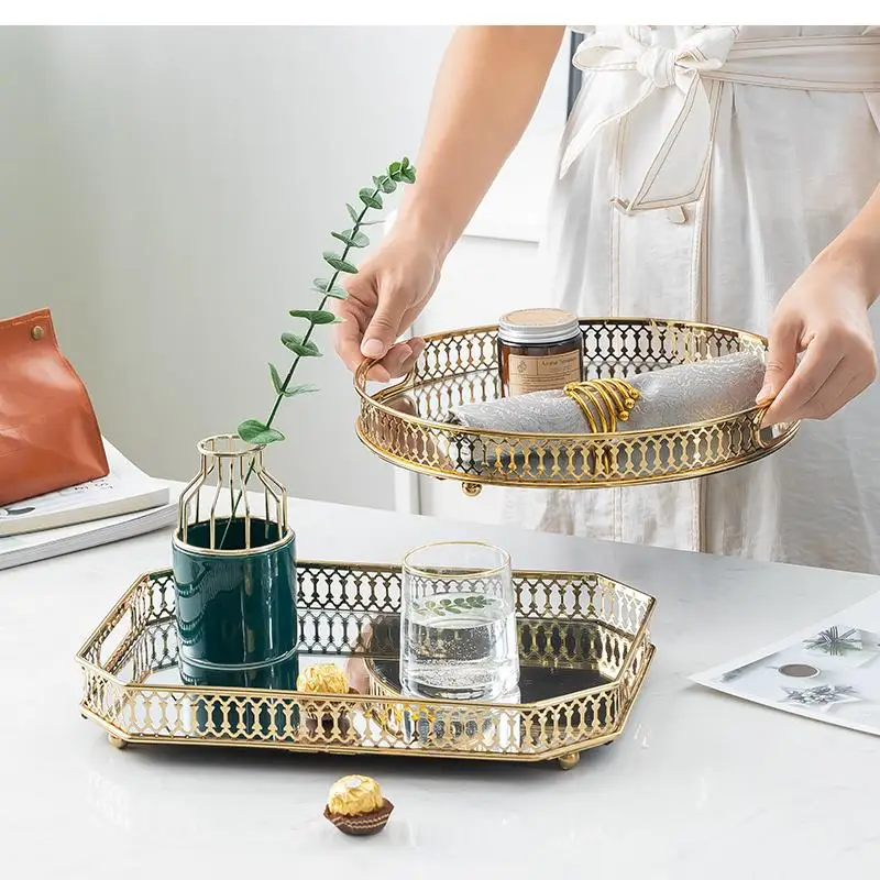 

Легкий роскошный бытовой металлический зеркальный поднос в европейском стиле, свадебное украшение, прямоугольный круглый ящик для хранения косметики