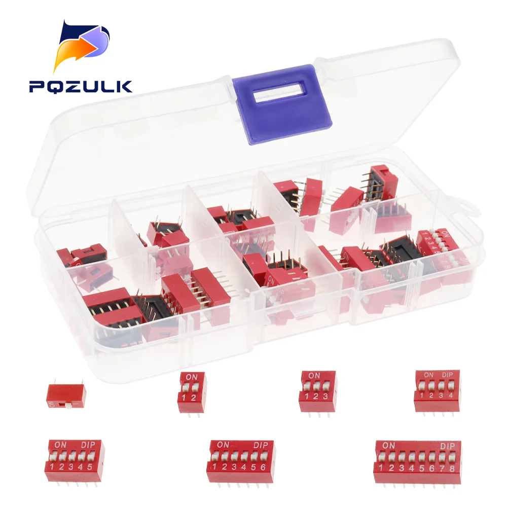 Dip Switch Kit In Box 1 2 3 4 5 6 8 Way 2.54mm Toggle Switch Red Snap Switches Mixed Kit Each 5PCS Combination Set