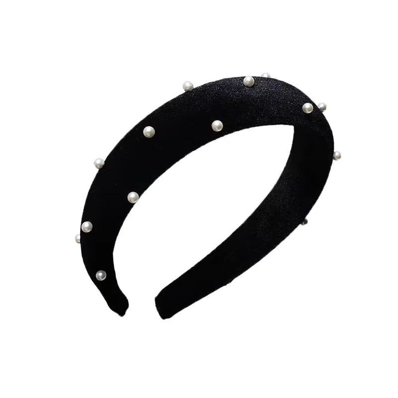 Black velvet pearl headband female high skull top retro headhoop showing face small wide-brimmed elegant pressed hair headdress