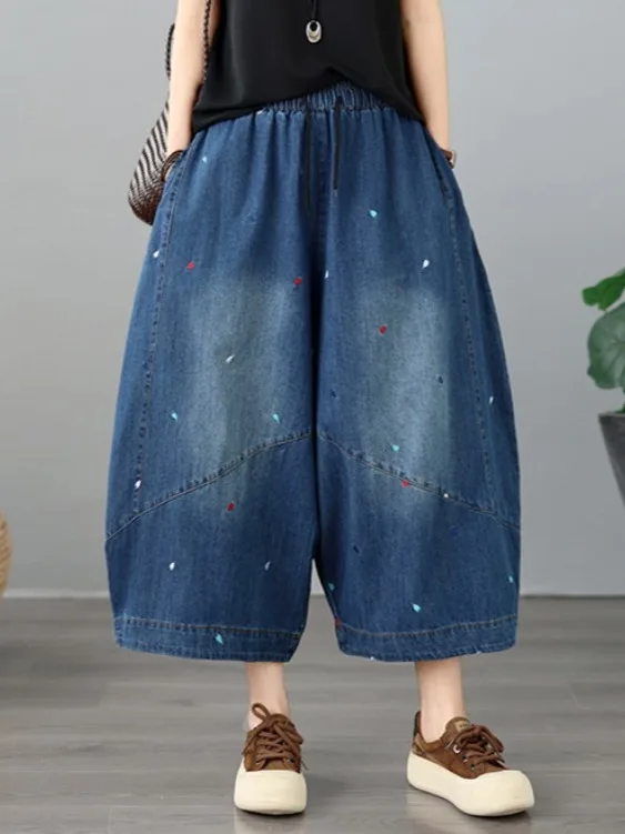 Heavyweight Embroidered Washed Jeans plus Size Women's Elastic Waist Loose Slimming Casual Versatile Lantern Pants