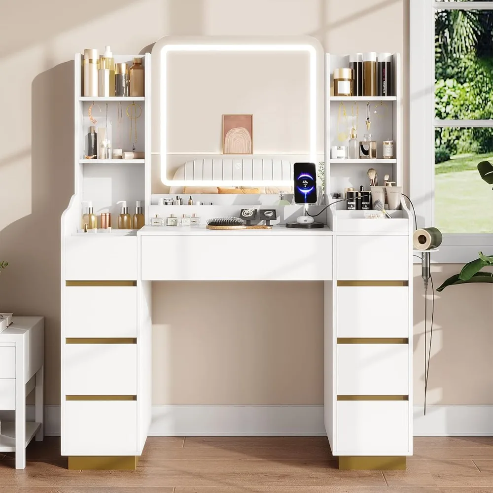 

Large Makeup Vanity with 9 Drawers, Vanity Desk with Mirror and Lights, with Charging Station,Vanity Table